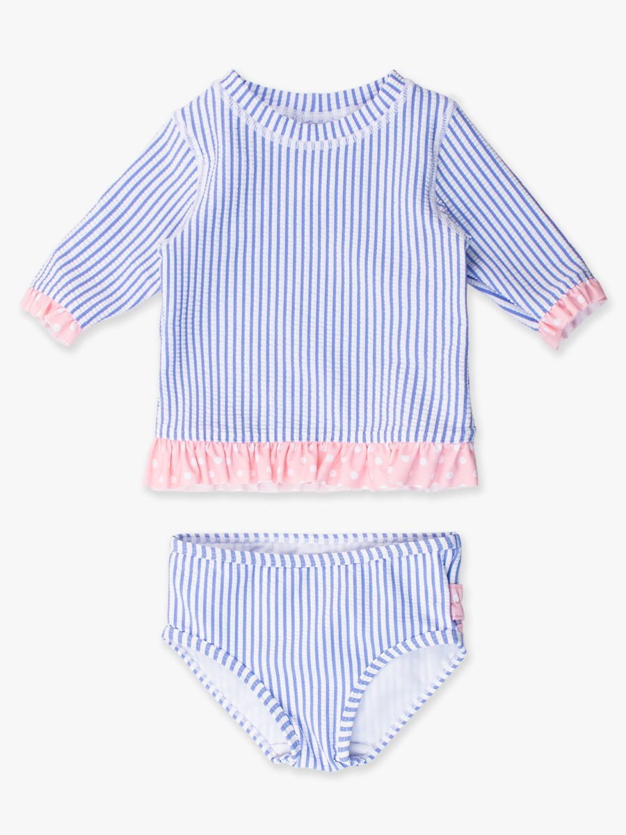 Periwinkle Blue Seersucker Short Sleeve Ruffle Rash Guard Bikini - 6-12m