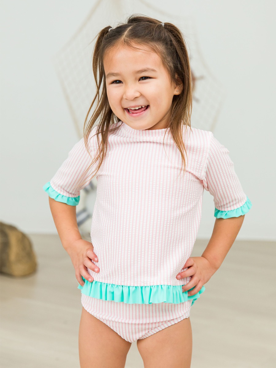 Pink Seersucker Short Sleeve Ruffle Rash Guard Bikini