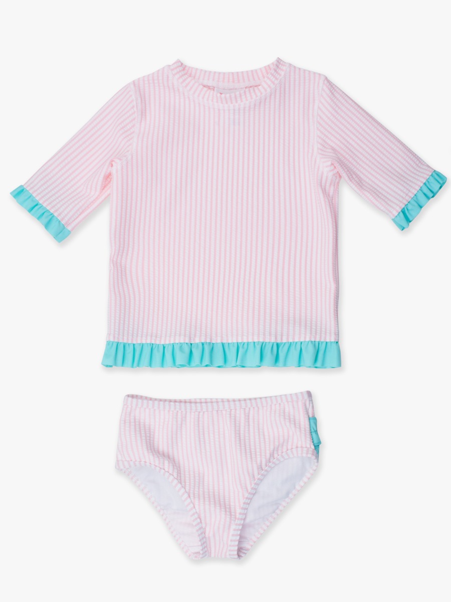 Pink Seersucker Short Sleeve Ruffle Rash Guard Bikini