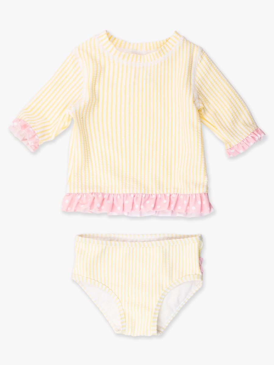 Banana Seersucker Short Sleeve Ruffle Rash Guard Bikini - 3-6m