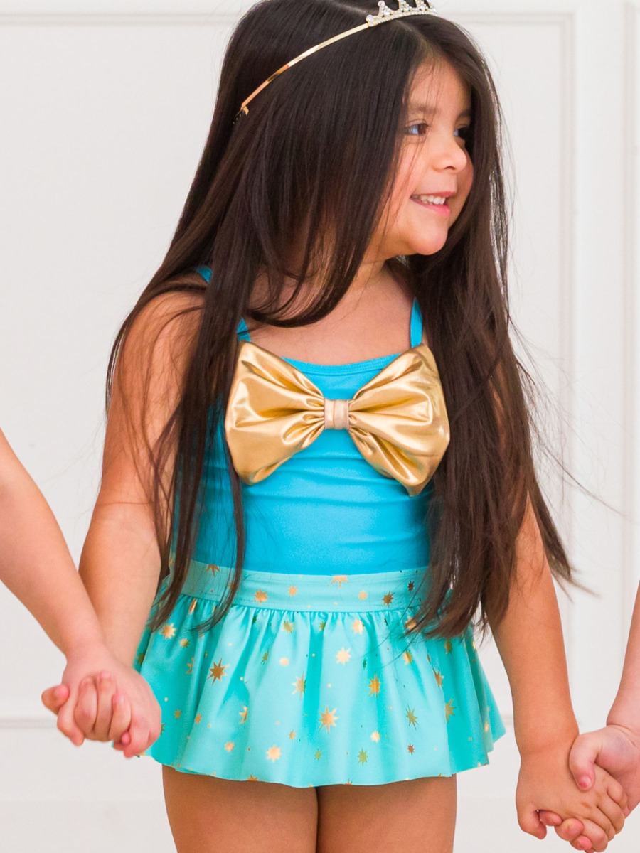 Teal Golden Princess Big Bow Skirted One Piece Swimsuit