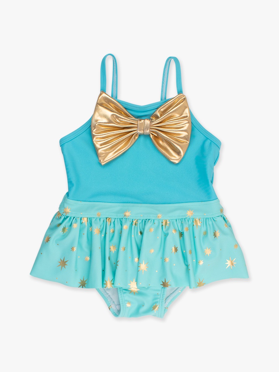 Teal Golden Princess Big Bow Skirted One Piece Swimsuit