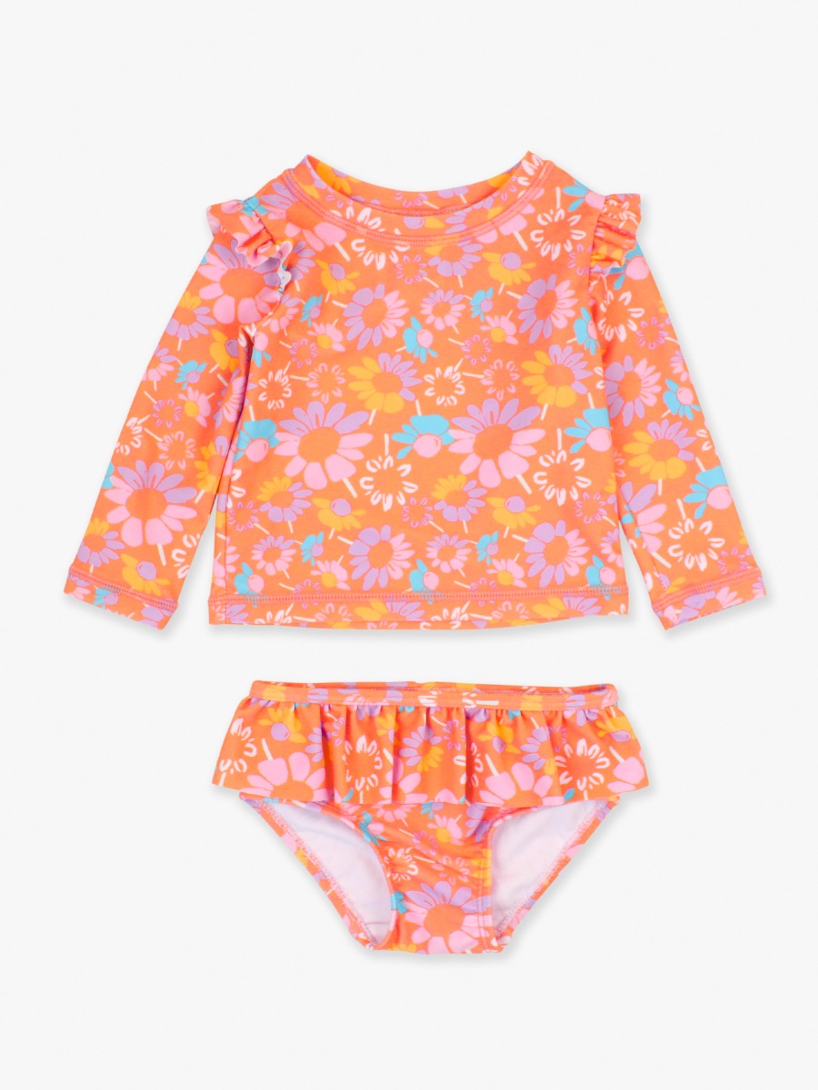 Coral Floral Skirted Flutter Long Sleeve Rash Guard Bikini