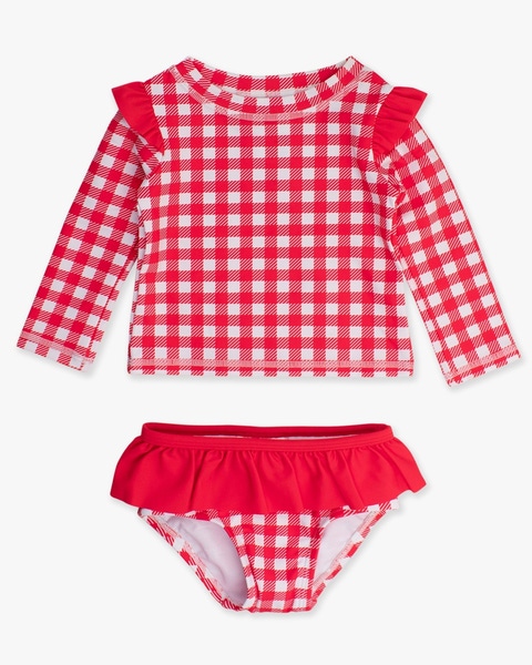 Vintage Red Gingham Skirted Flutter Long Sleeve Rash Guard Bikini Swimsuit