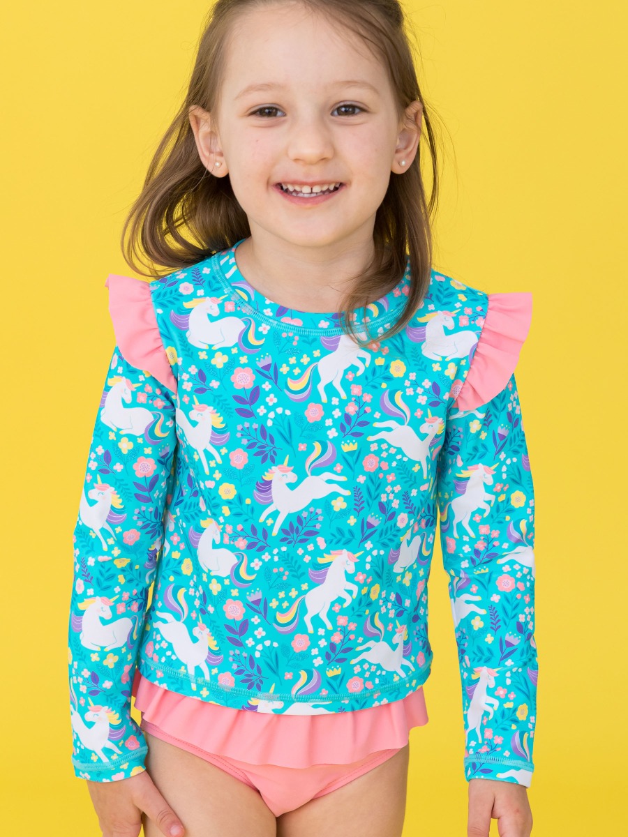 Bright Aqua Unicorn Meadow Flutter Long Sleeve Rash Guard Skirted 2-Piece Swimsuit