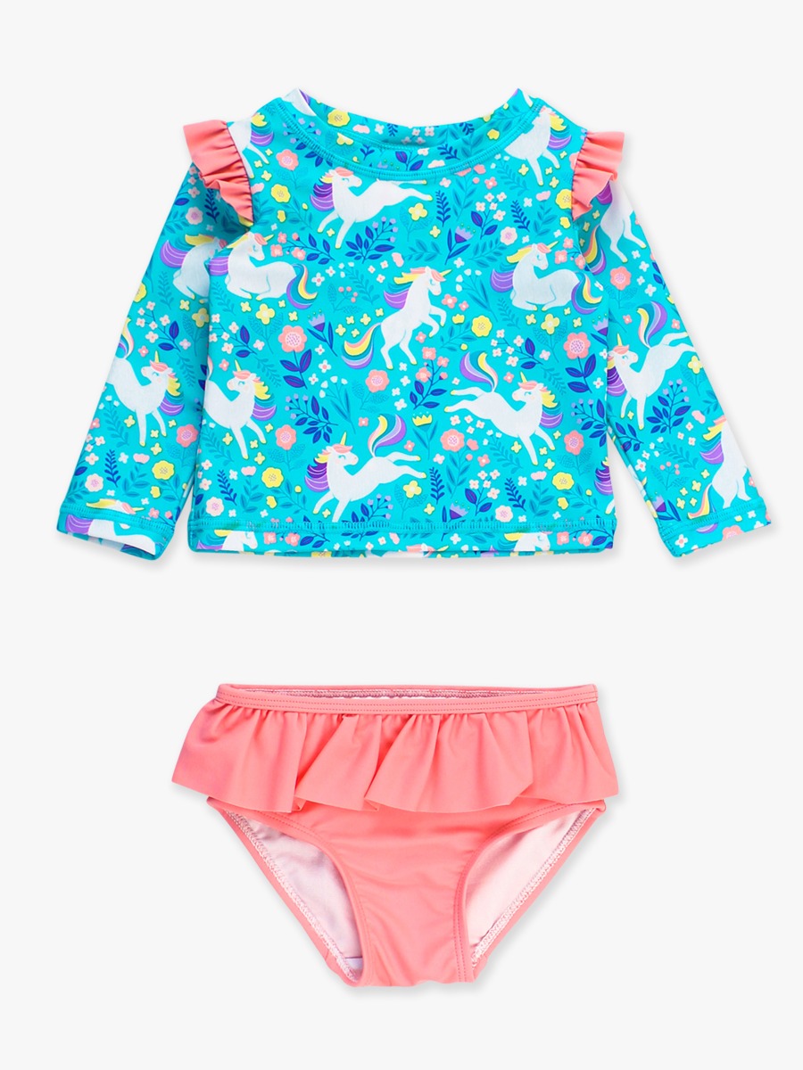 Bright Aqua Unicorn Meadow Flutter Long Sleeve Rash Guard Skirted 2-Piece Swimsuit -  3-6m