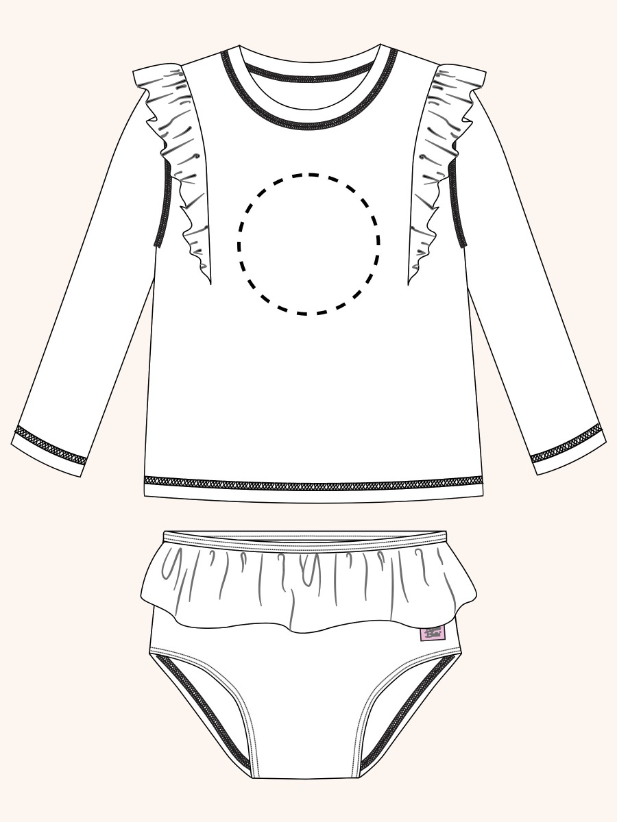 Line drawing of Coconut Cabana Flutter Long Sleeve Rash Guard Skirted 2-Piece Swimsuit. A dotted circle indicates the approximate location for personalization.