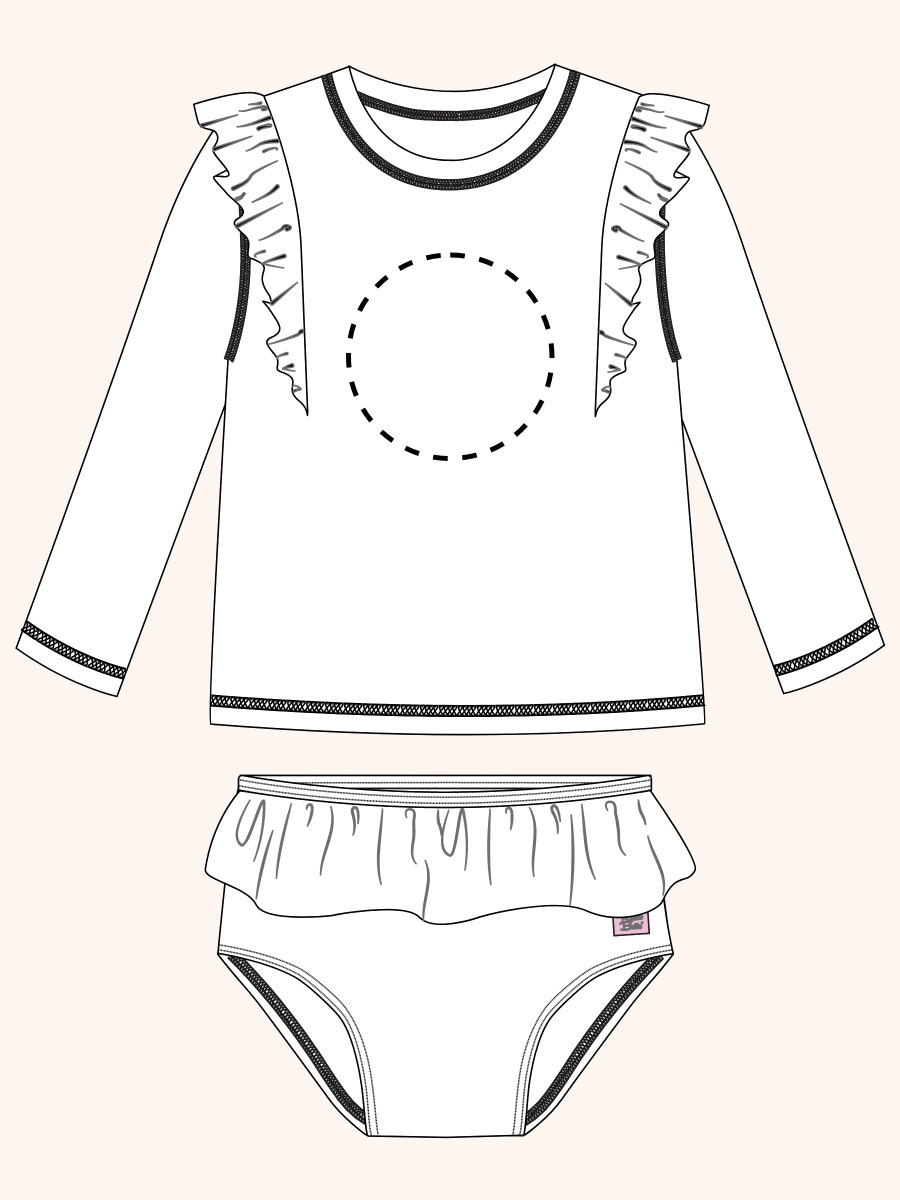 Line drawing of American Sweetheart Flutter Long Sleeve Rash Guard Skirted 2-Piece Swimsuit. A dotted circle indicates the approximate location for personalization.