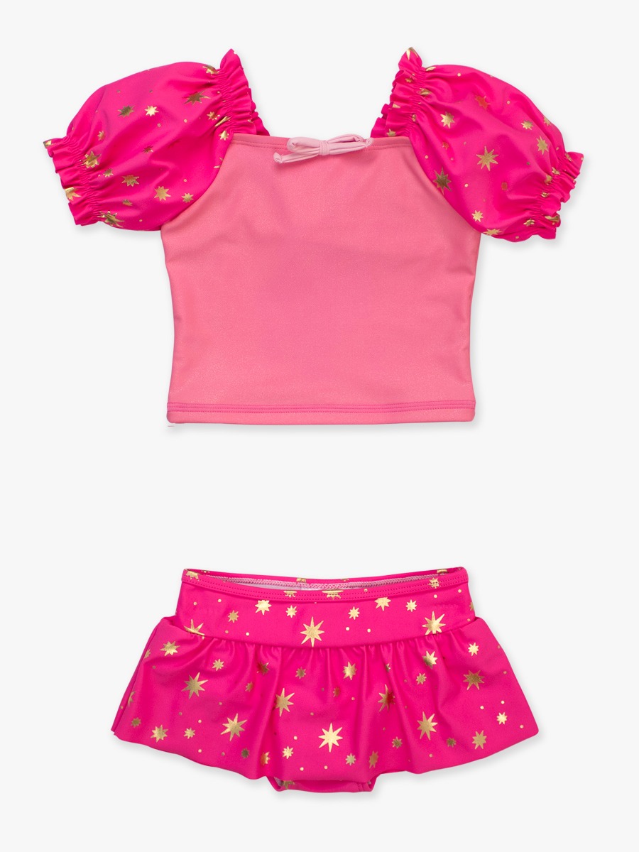 Royal Pink Princess Puffed Sleeve Skirted 2-Piece Swimsuit