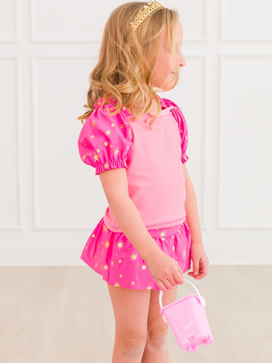 Royal Pink Princess Puffed Sleeve Skirted 2-Piece Swimsuit