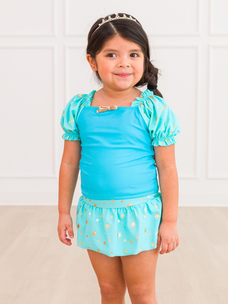 Teal Golden Princess Puffed Sleeve Skirted 2-Piece Swimsuit