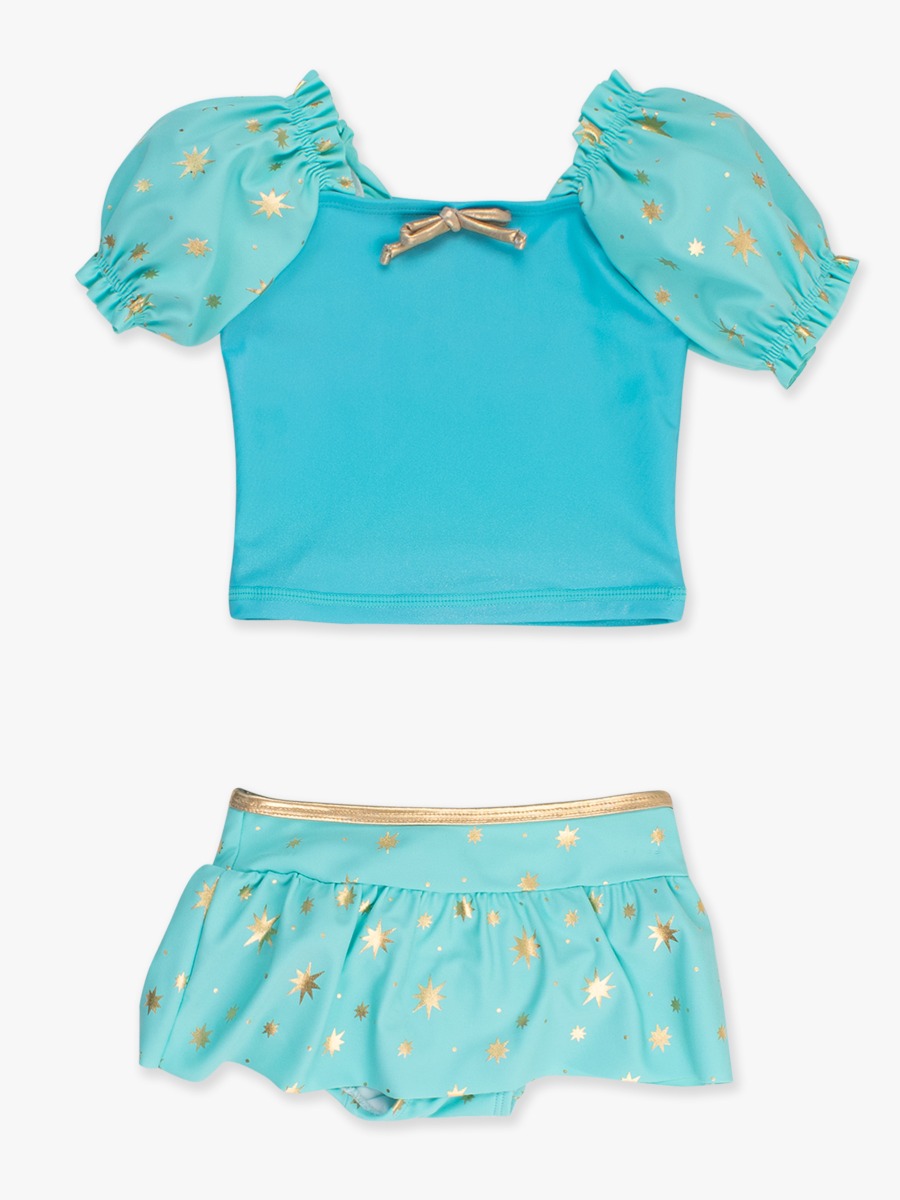 Teal Golden Princess Puffed Sleeve Skirted 2-Piece Swimsuit