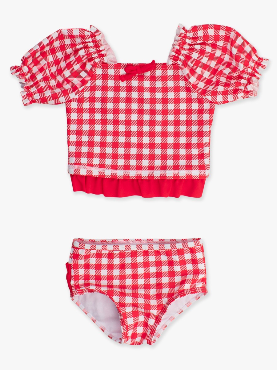 Vintage Red Gingham Puff Sleeve Ruffle Tankini 2-Piece Swimsuit