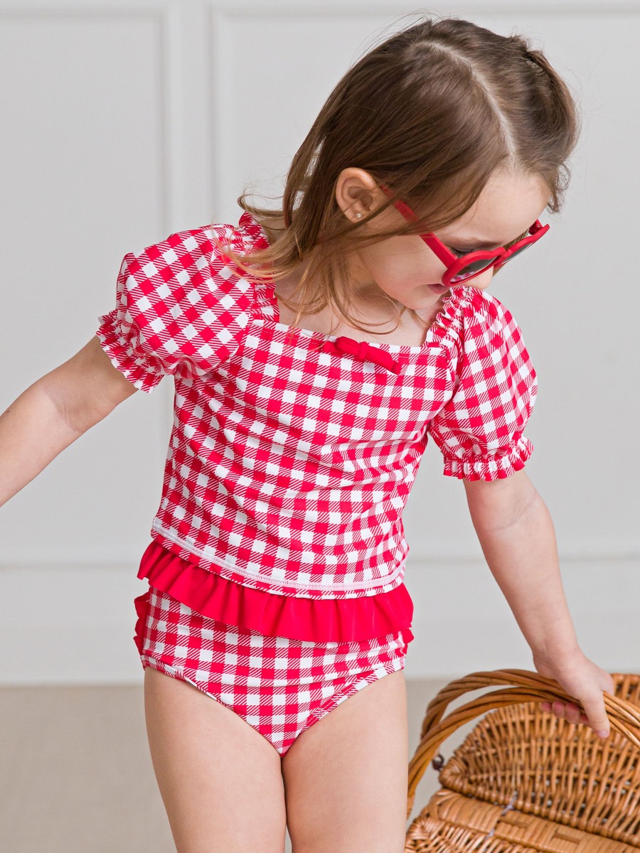 Vintage Red Gingham Puff Sleeve Ruffle Tankini 2-Piece Swimsuit