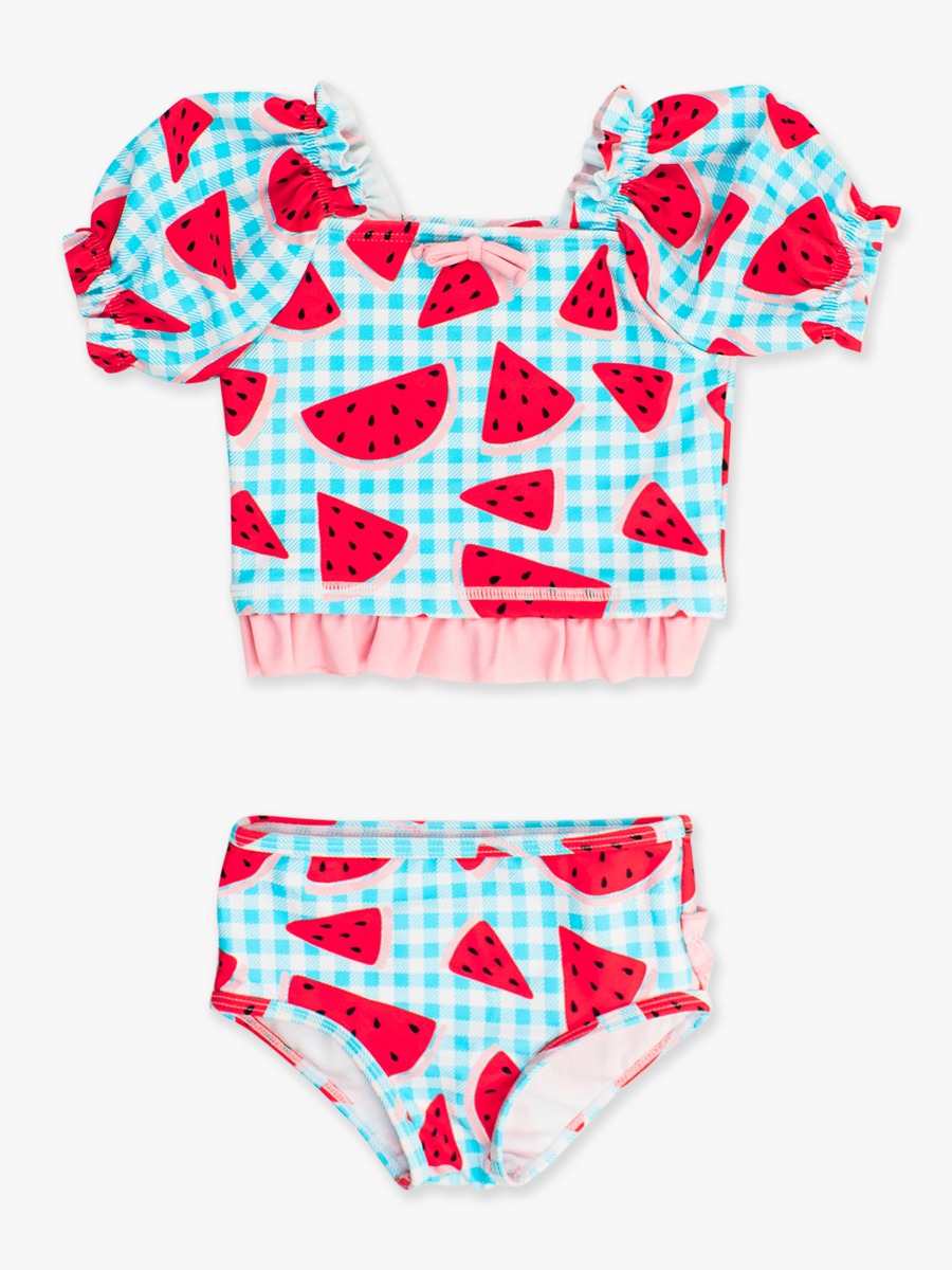 Watermelon Gingham Puff Sleeve Ruffle Tankini 2-Piece Swimsuit