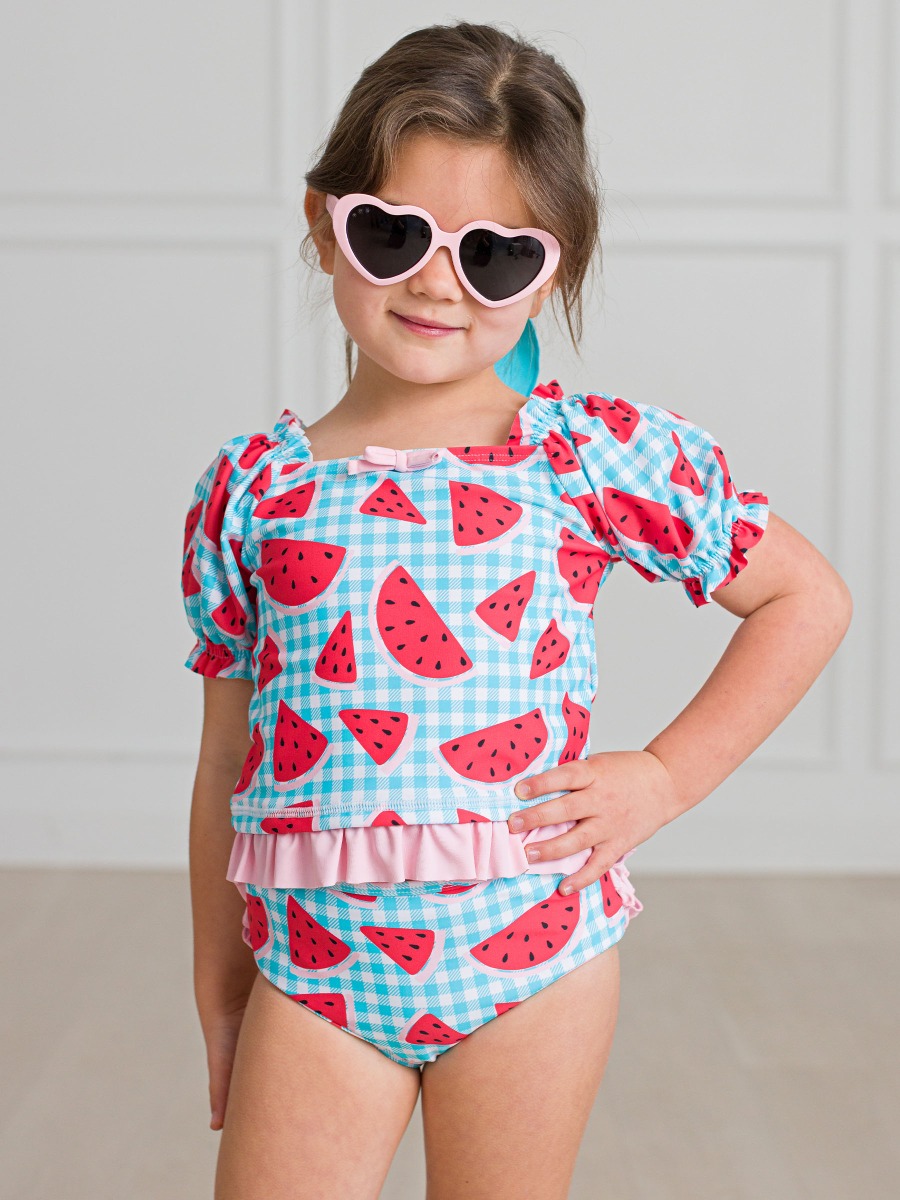 Watermelon Gingham Puff Sleeve Ruffle Tankini 2-Piece Swimsuit