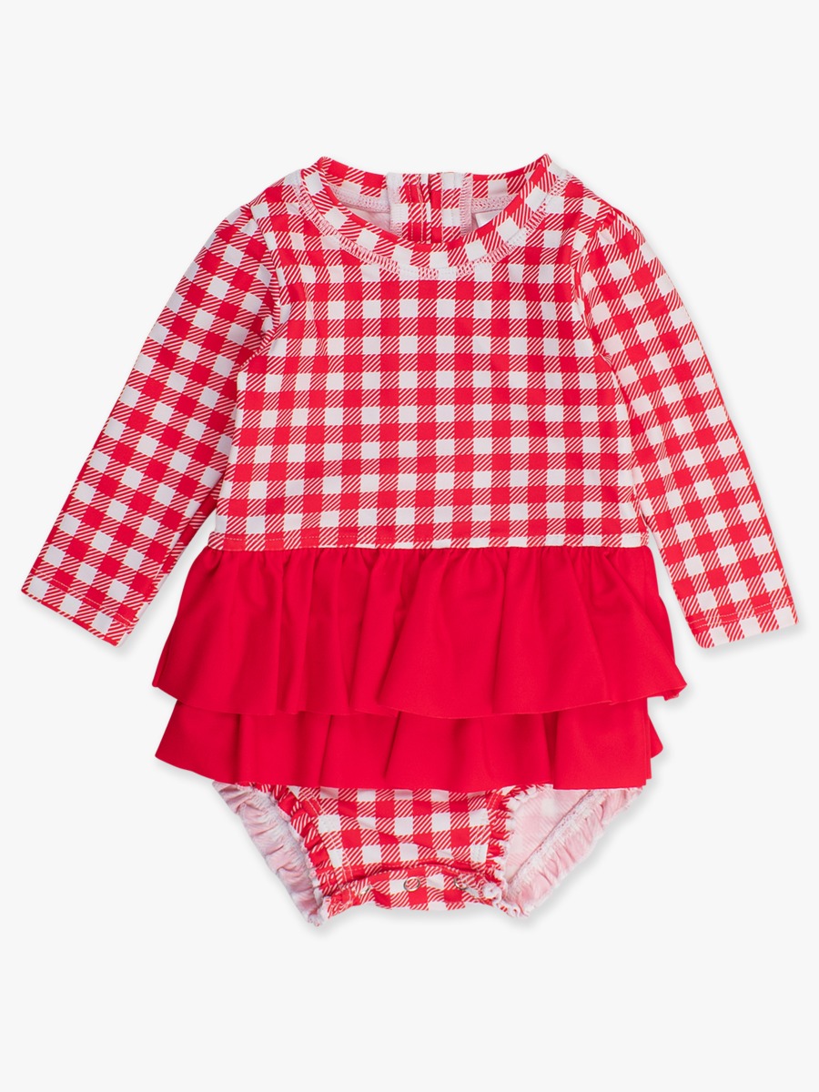 Vintage Red Gingham Long Sleeve Skirted One Piece Rash Guard Swimsuit