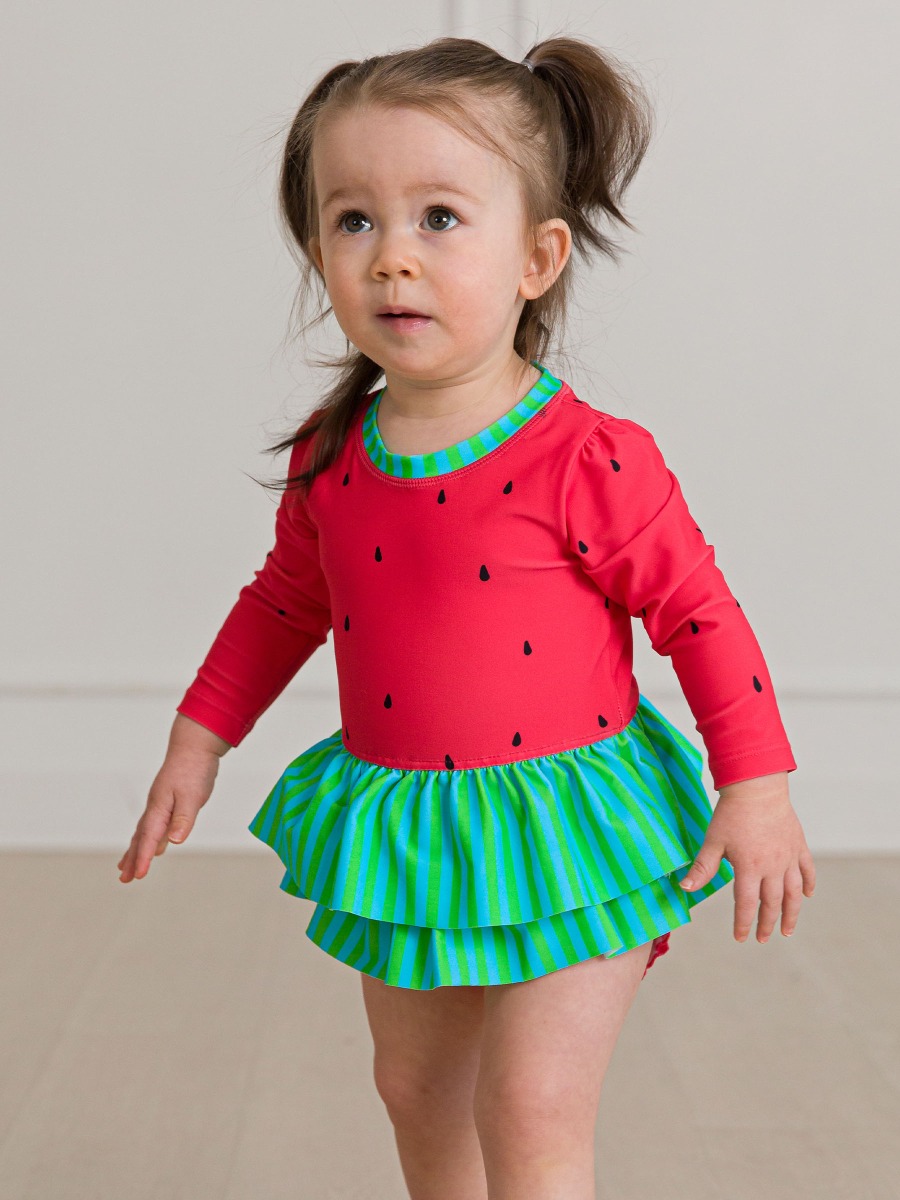 Watermelon Long Sleeve Skirted One Piece Rash Guard Swimsuit
