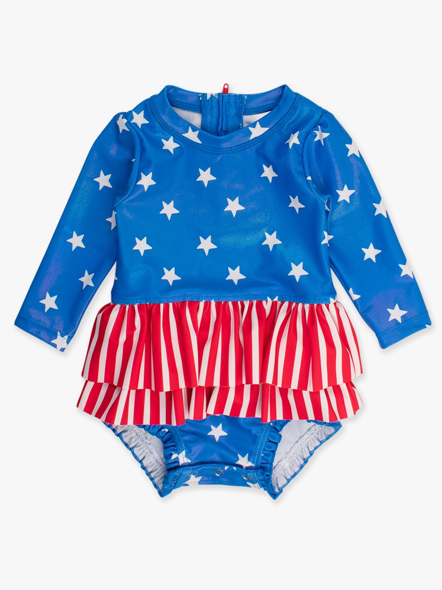 Shimmer Stars & Stripes Long Sleeve Skirted One Piece Rash Guard Swimsuit