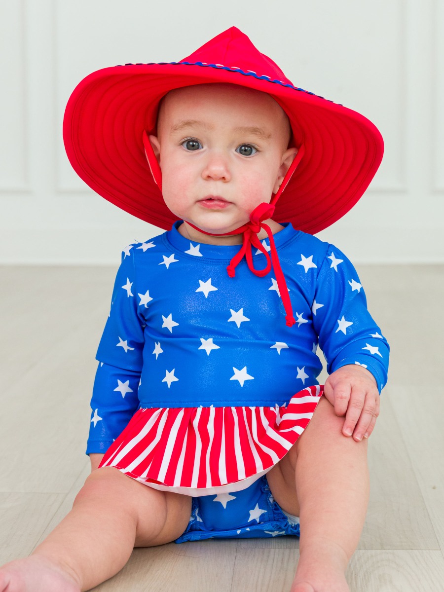 Shimmer Stars & Stripes Long Sleeve Skirted One Piece Rash Guard Swimsuit