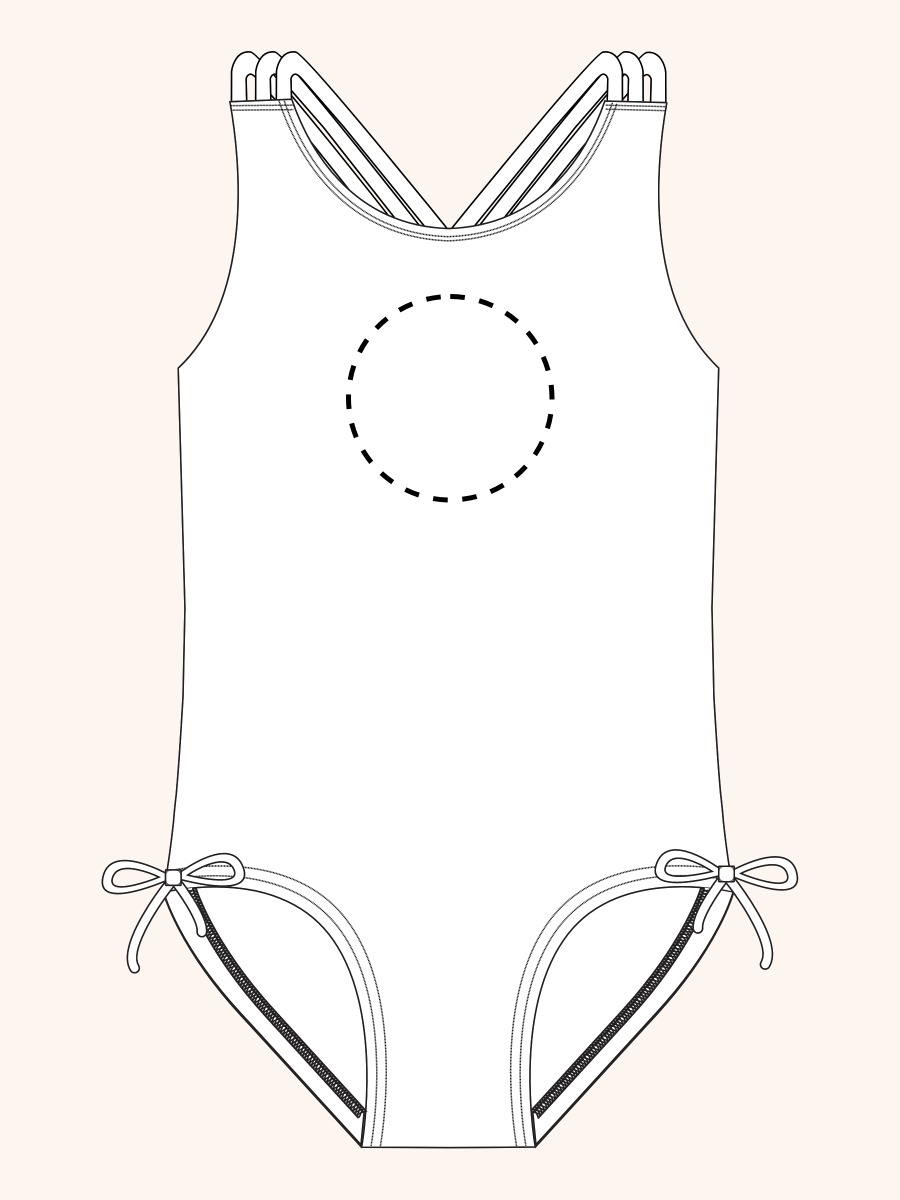 Line drawing of Neon Camo Cross-Back One Piece Swimsuit. A dotted circle indicates the approximate location for personalization.