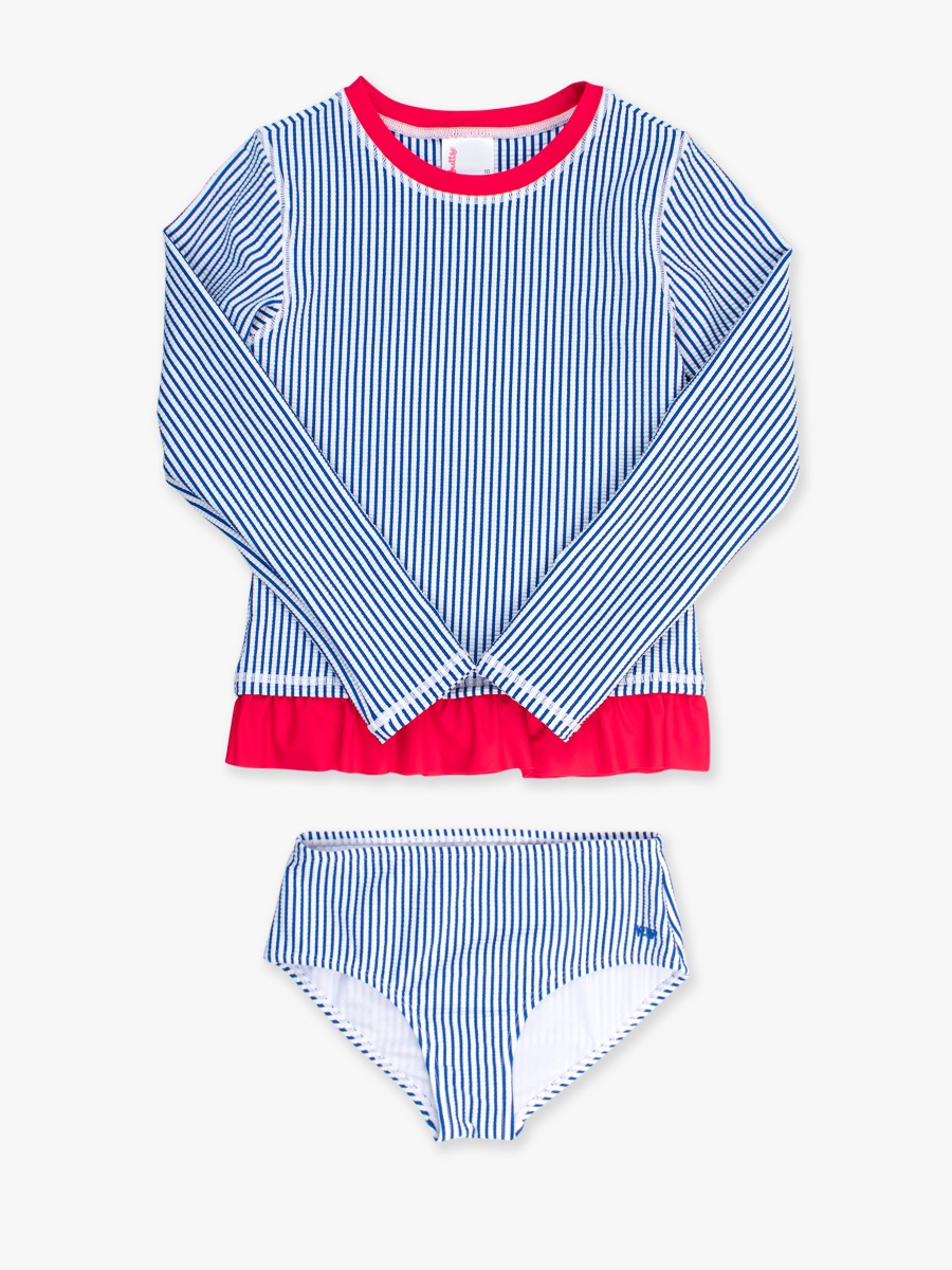 Blue Seersucker Girls Seersucker Long Sleeve Rash Guard Bikini Swimsuit