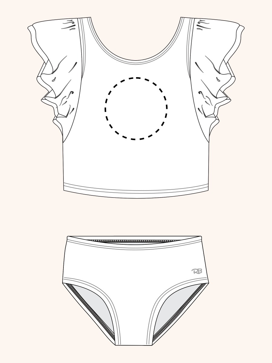 Line drawing of Coconut Cabana Butterfly Tankini 2-Piece Swimsuit. A dotted circle indicates the approximate location for personalization.