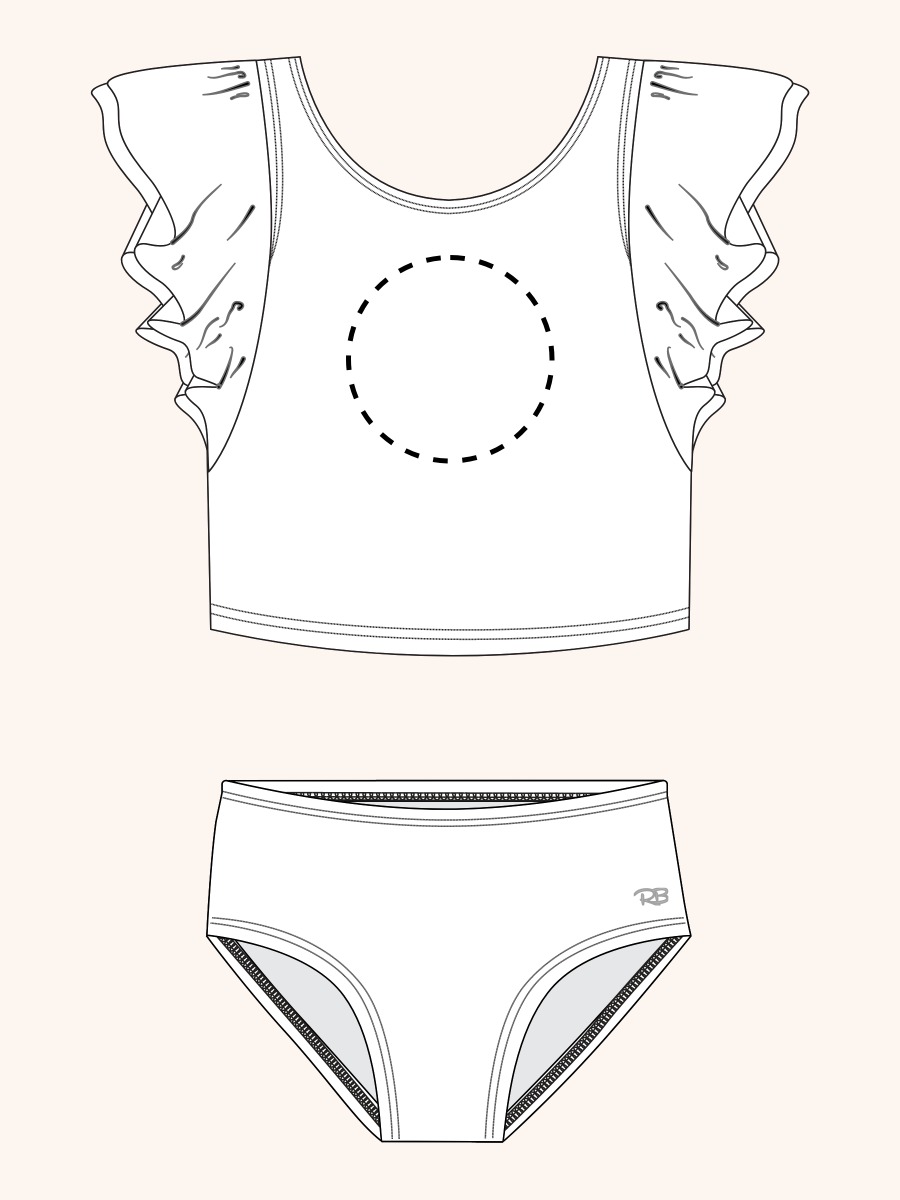 Line drawing of Sage Blossom Camo Butterfly Tankini 2-Piece Swimsuit. A dotted circle indicates the approximate location for personalization.