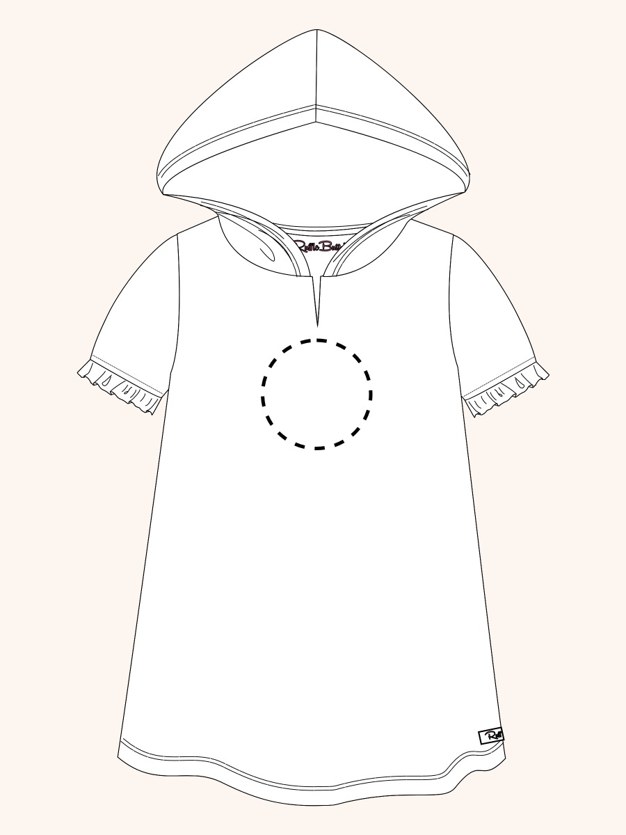 Line drawing of a swimsuit. A dotted circle is placed on the front center of the swimsuit's chest area, indicating the approximate location for personalization.