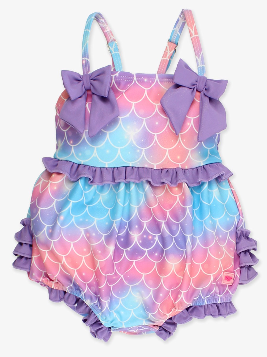 Line drawing of Shimmer Mermaid Tale One Piece Bow Bubble Romper Swimsuit, with Signature Rear Ruffles. A dotted circle indicates the approximate location for personalization.