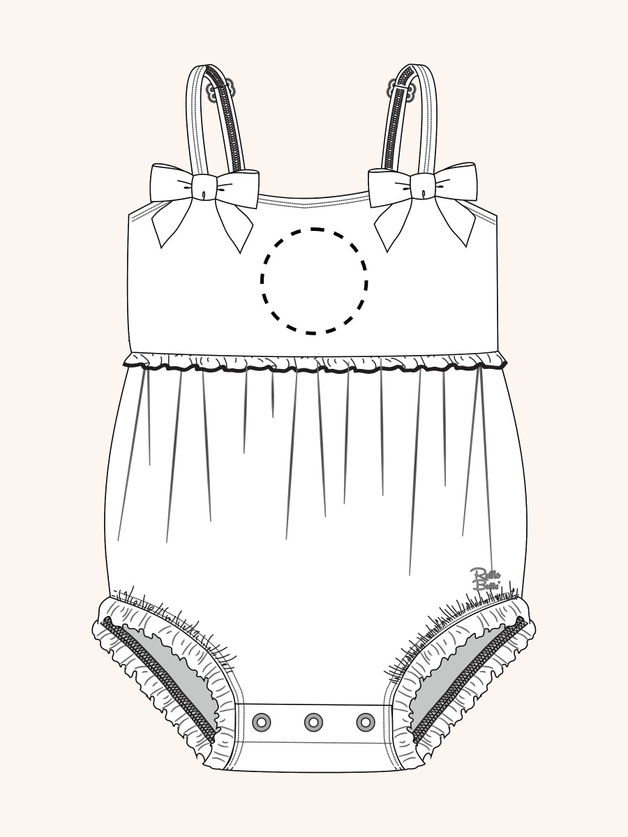 Line drawing of a swimsuit. A dotted circle is placed on the front center of the swimsuit's chest area, indicating the approximate location for personalization.