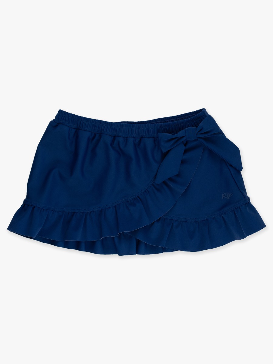 Line drawing of Navy Swim Bow Skirt Cover-Up. A dotted circle indicates the approximate location for personalization.