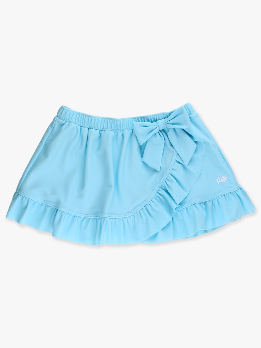 Line drawing of Blue Breeze Swim Bow Skirt Cover-Up. A dotted circle indicates the approximate location for personalization.