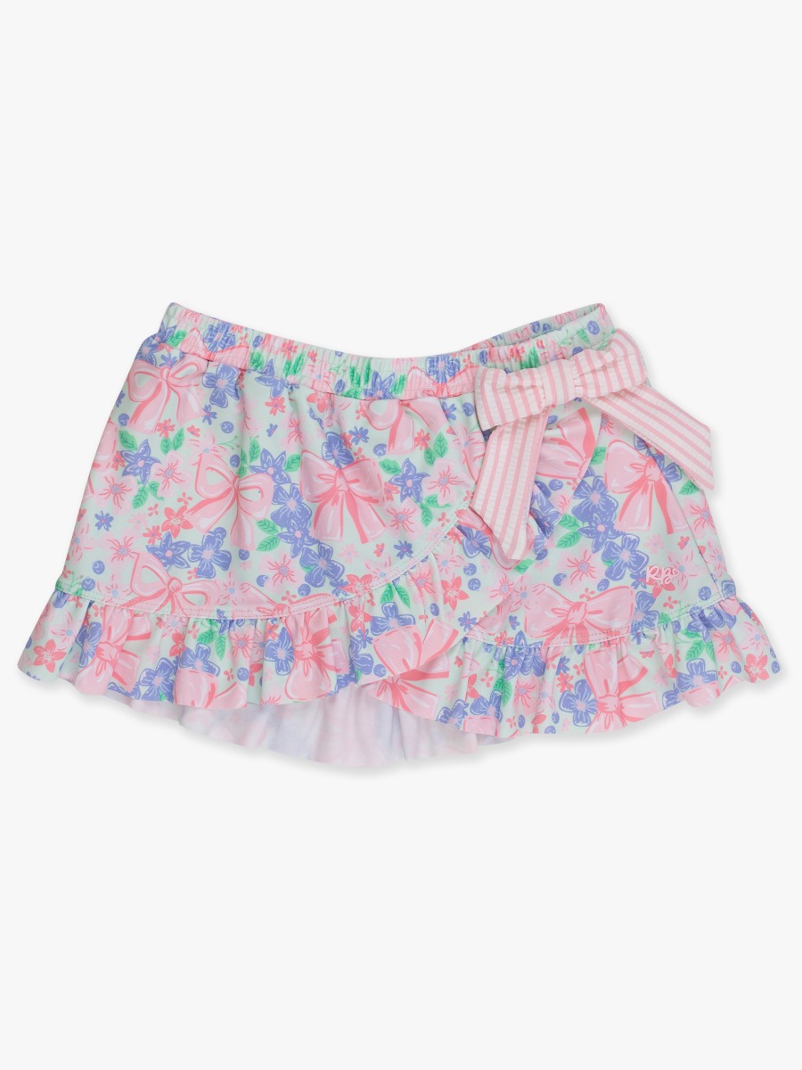 Line drawing of Bow Blooms Swim Bow Skirt Cover-Up. A dotted circle indicates the approximate location for personalization.