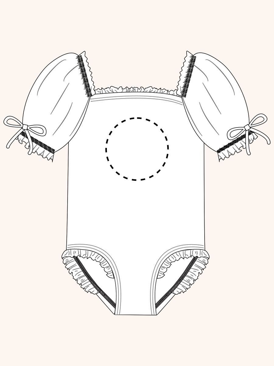 Line drawing of a swimsuit. A dotted circle is placed on the front center of the swimsuit's chest area, indicating the approximate location for personalization.
