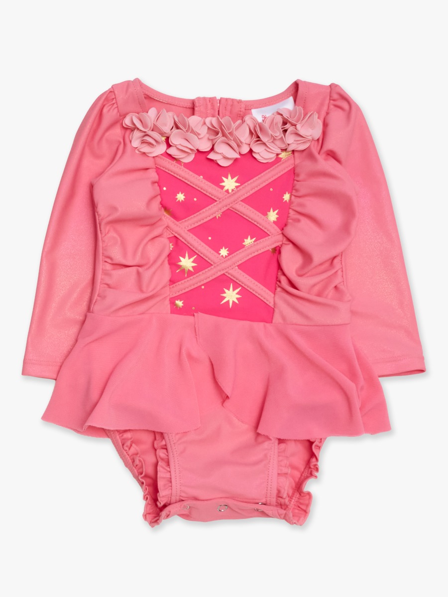 Line drawing of Royal Pink Princess Dress-Up Long Sleeve One Piece Swimsuit. A dotted circle indicates the approximate location for personalization.
