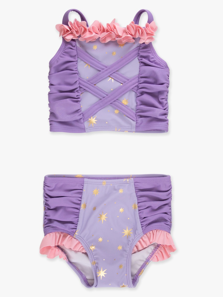 Line drawing of Amethyst Princess Dress-Up 2-Piece Swimsuit. A dotted circle indicates the approximate location for personalization.
