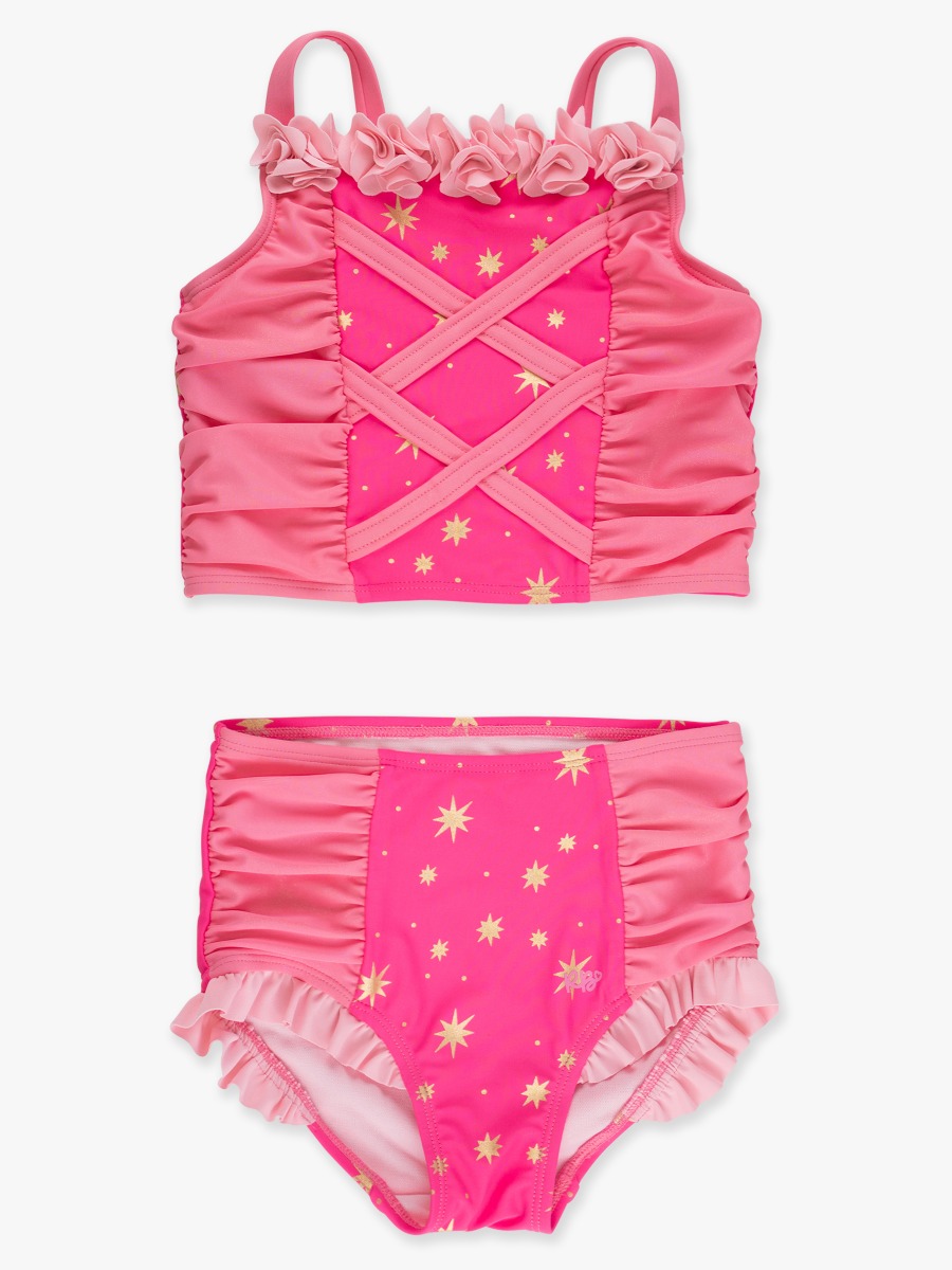 Line drawing of Royal Pink Princess Dress-Up 2-Piece Swimsuit. A dotted circle indicates the approximate location for personalization.