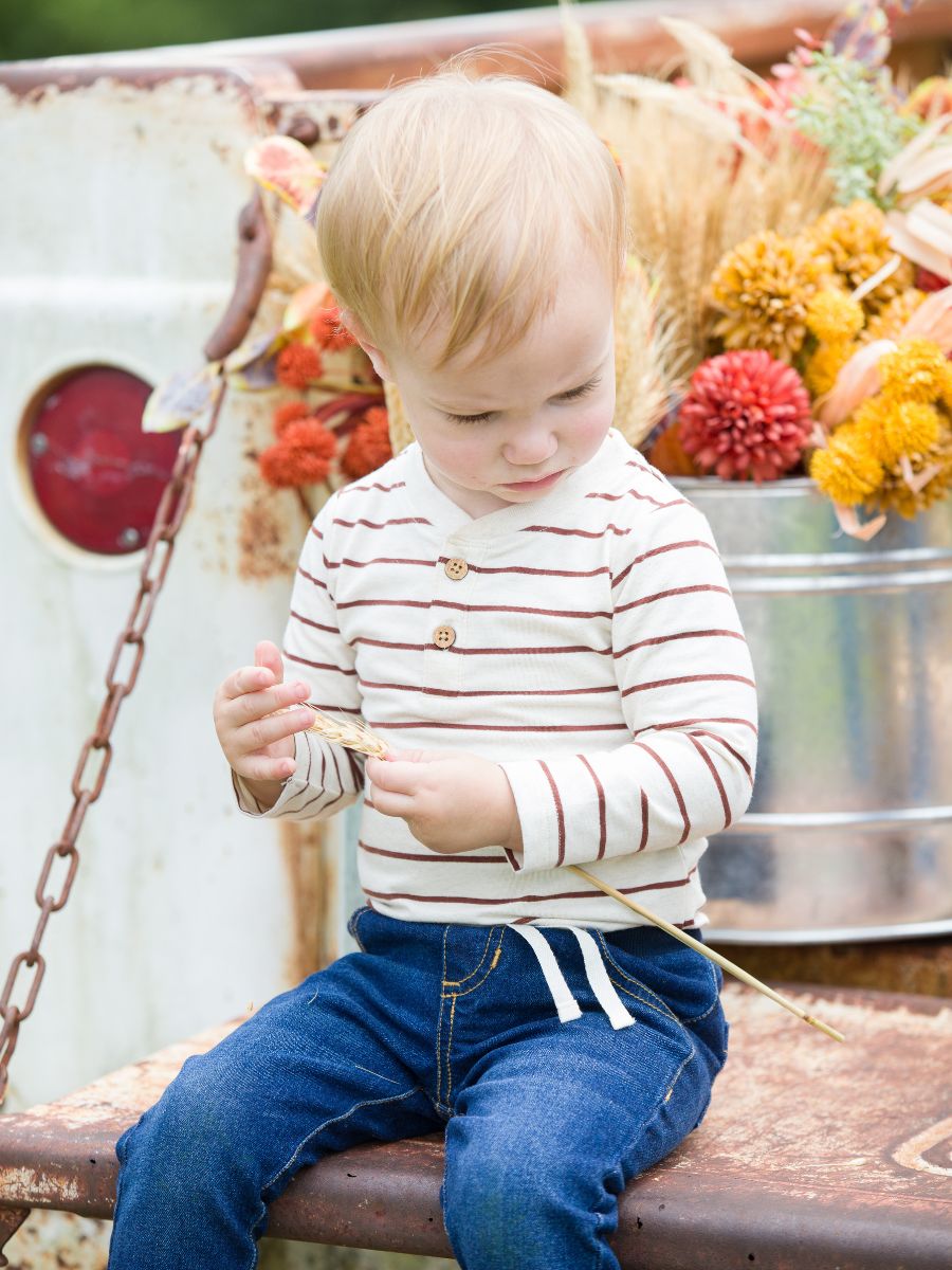 Heather Oatmeal & Chocolate Stripe Knit Long Sleeve 2-Button Henley Bodysuit
