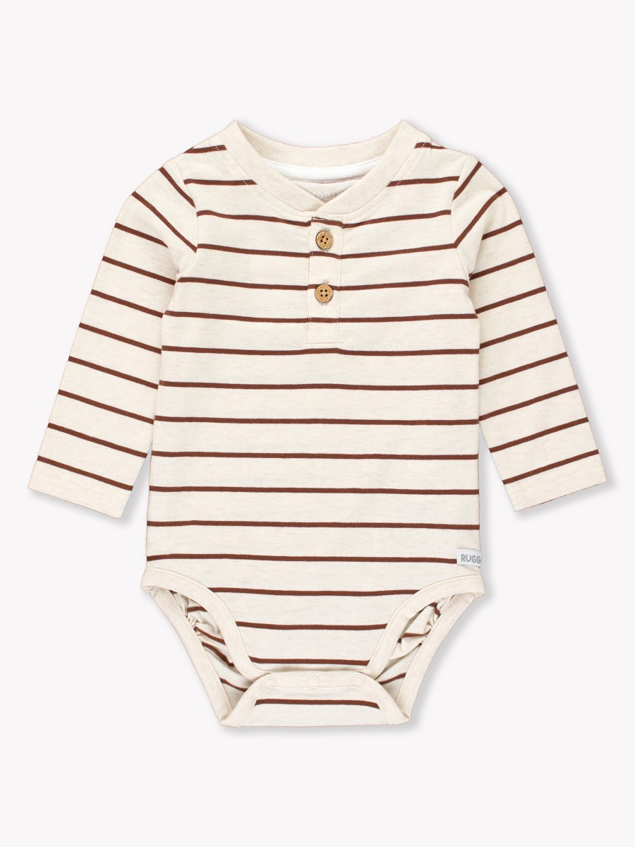 Heather Oatmeal & Chocolate Stripe Knit Long Sleeve 2-Button Henley Bodysuit