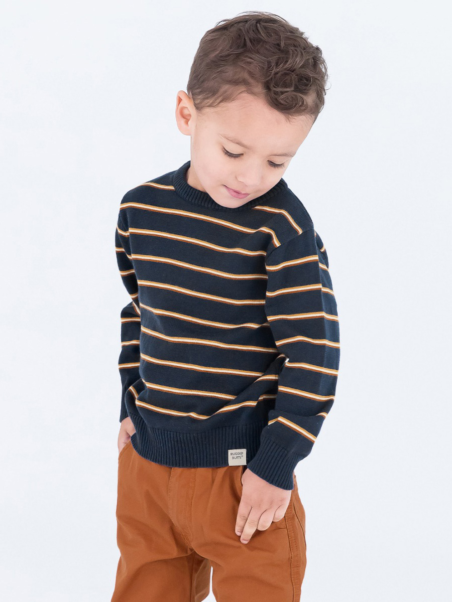 Navy & Caramel Stripe Knit Crew Neck Sweater