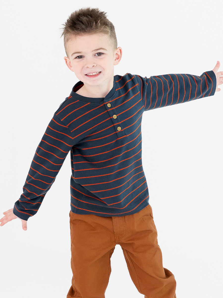 Navy & Rust Stripe Knit Long Sleeve Henley Tee