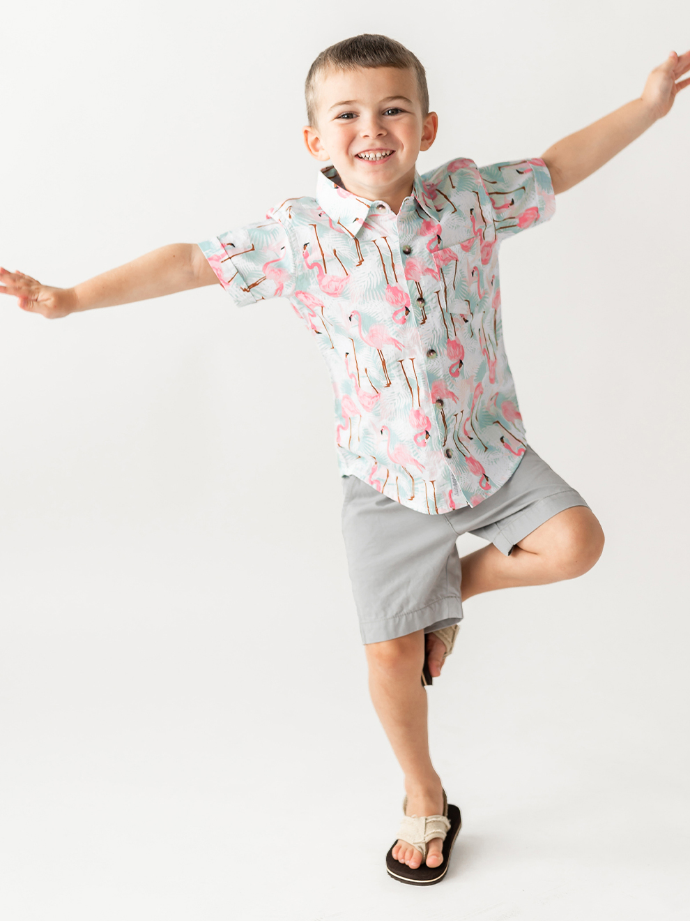 Vibrant Flamingo Short Sleeve Button Down Shirt