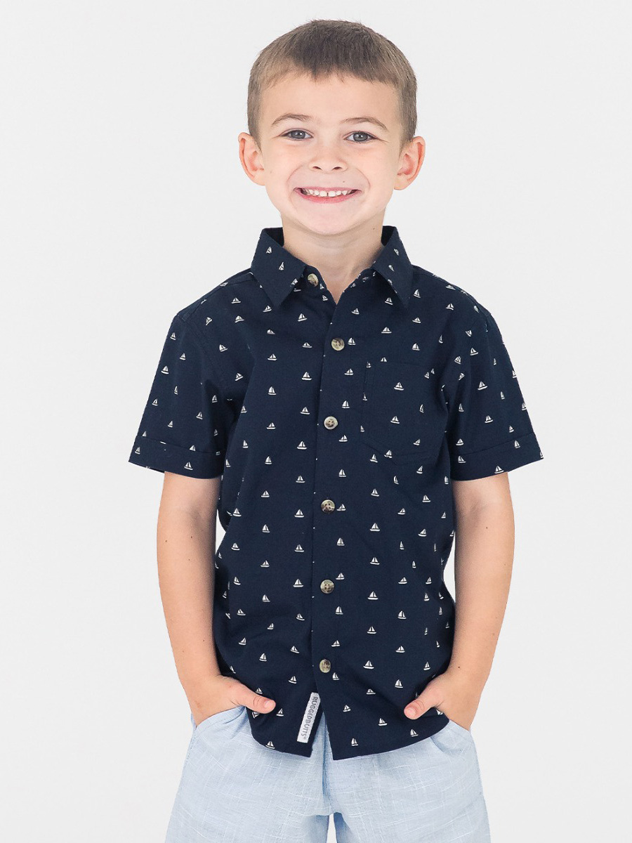 Navy Sailboats Short Sleeve Button Down Shirt