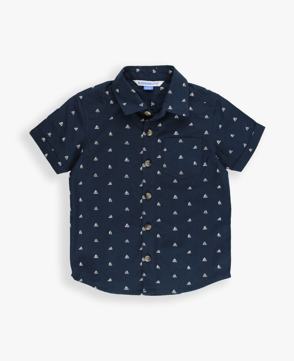 Navy Sailboats Short Sleeve Button Down Shirt