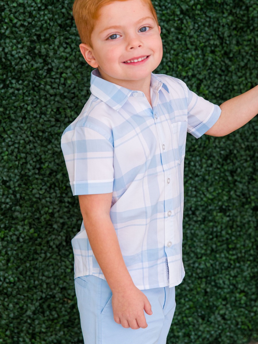 Light Blue Windowpane Short Sleeve Button Down Shirt