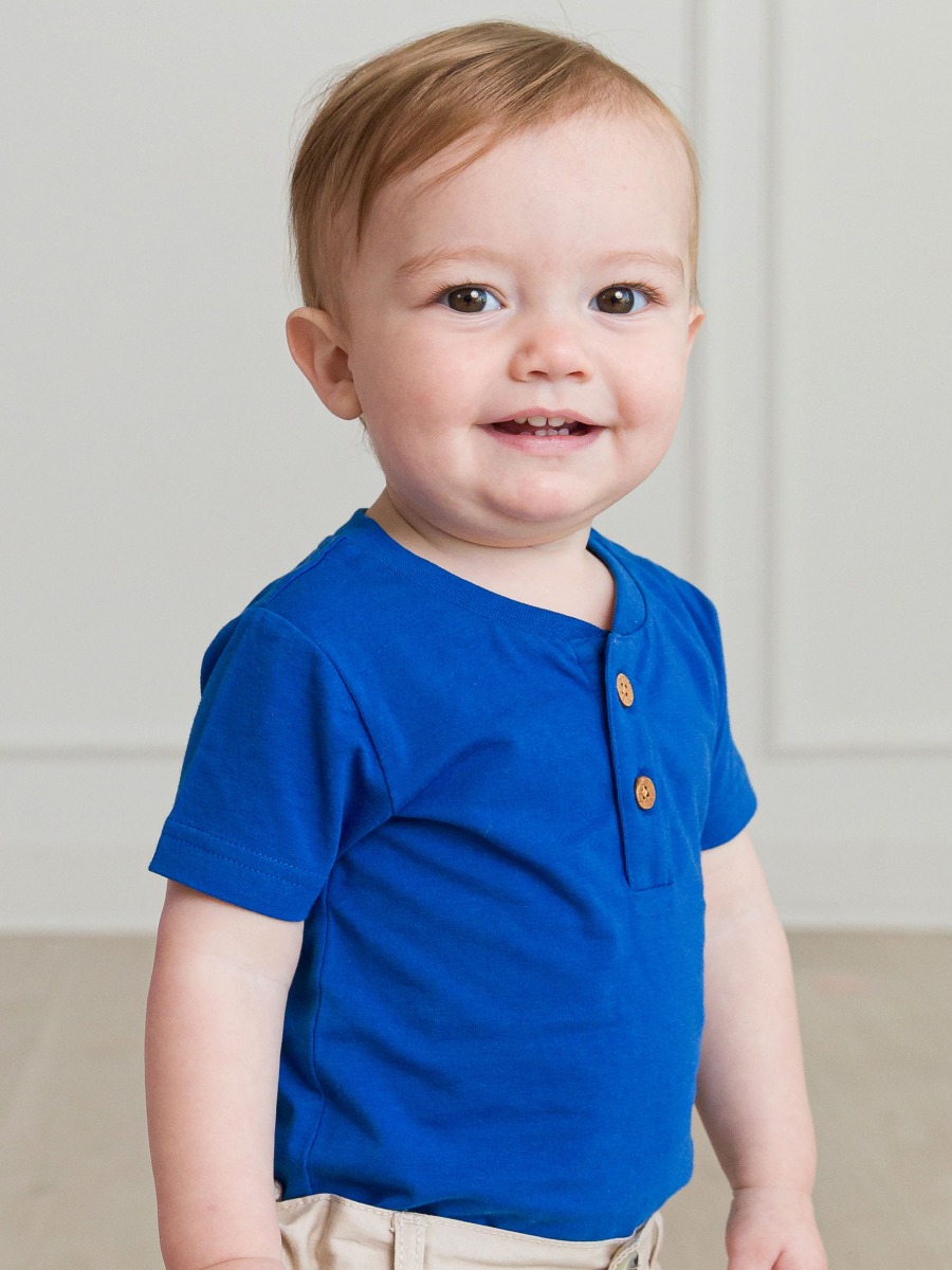 Blue Short Sleeve Knit Henley Bodysuit