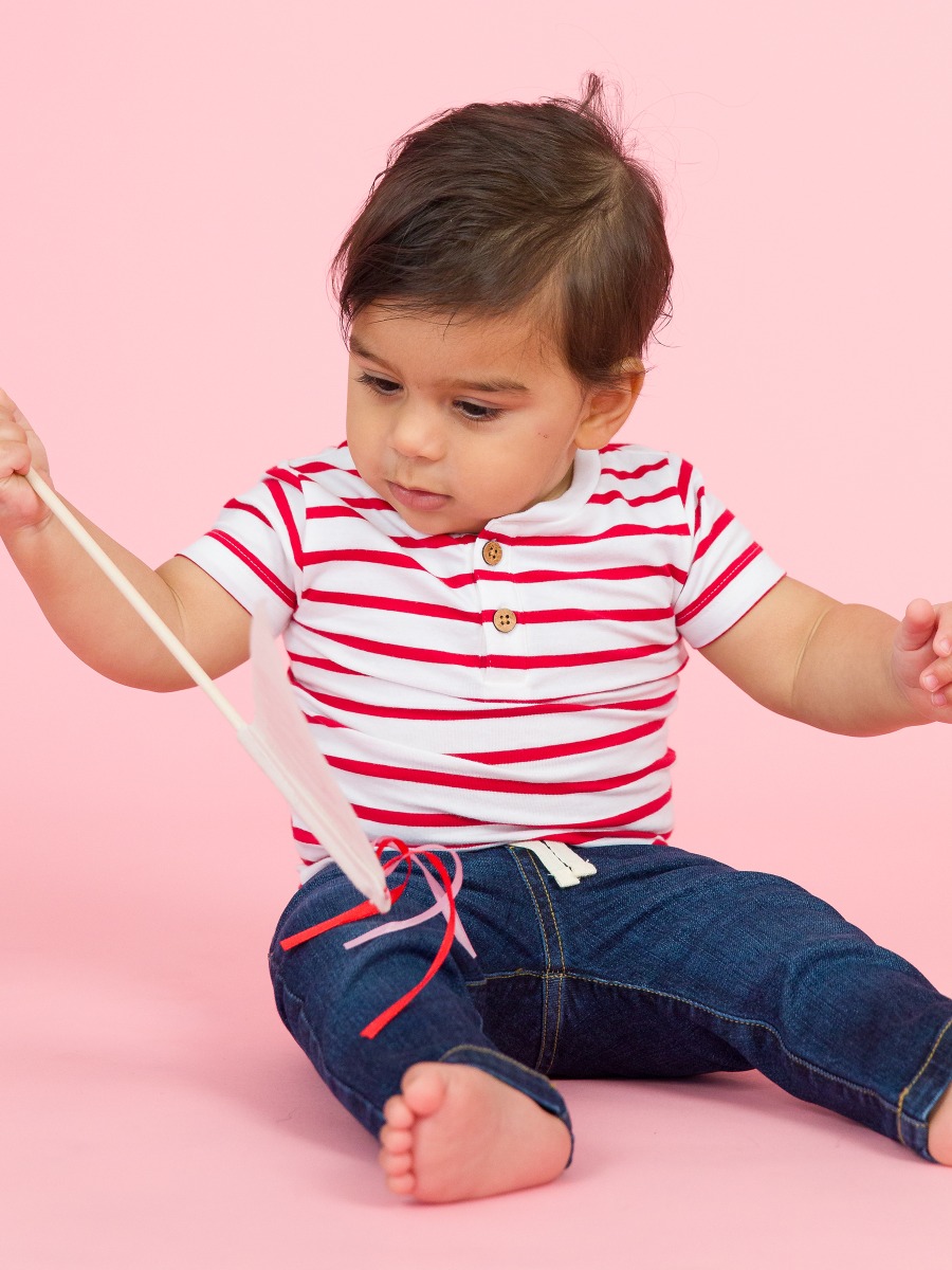 Red & White Stripe Short Sleeve Knit Henley Bodysuit