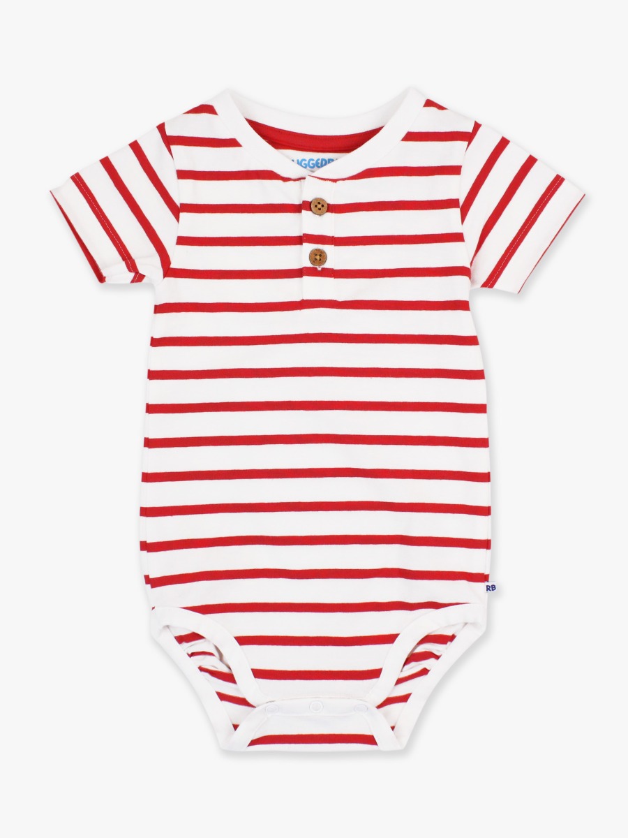 Red & White Stripe Short Sleeve Knit Henley Bodysuit