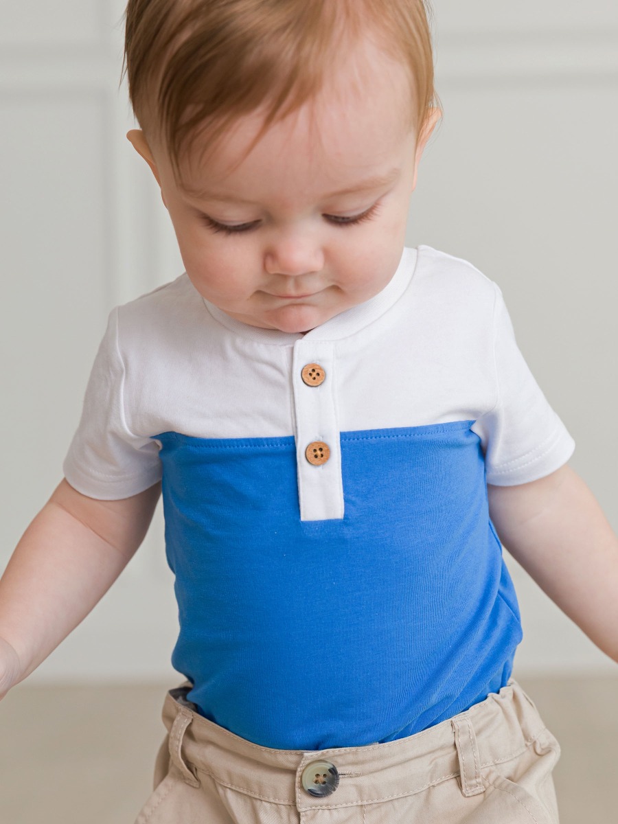 White & Blue Color Block Short Sleeve Knit Henley Bodysuit - 0-3m
